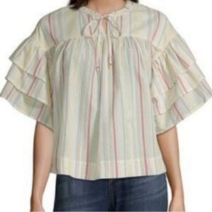 Peyton & Parker Ruffled Sleeve, Empire Gathered Blouse. Size L. Cream & Stripe.